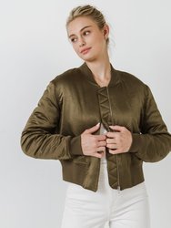 Cropped Satin Effect Bomber Jacket - Olive