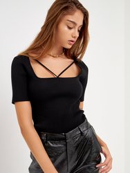Cut-Out Detail Short Sleeve Knit Top - Black