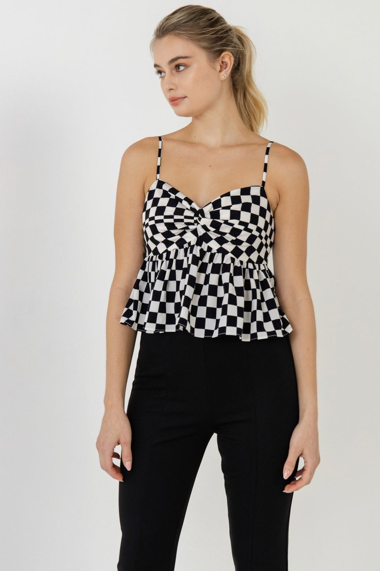 Knotted Checker Print Top - Black/White