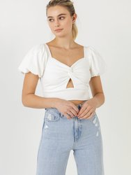 Knotted Top With Short Puff Sleeves - White