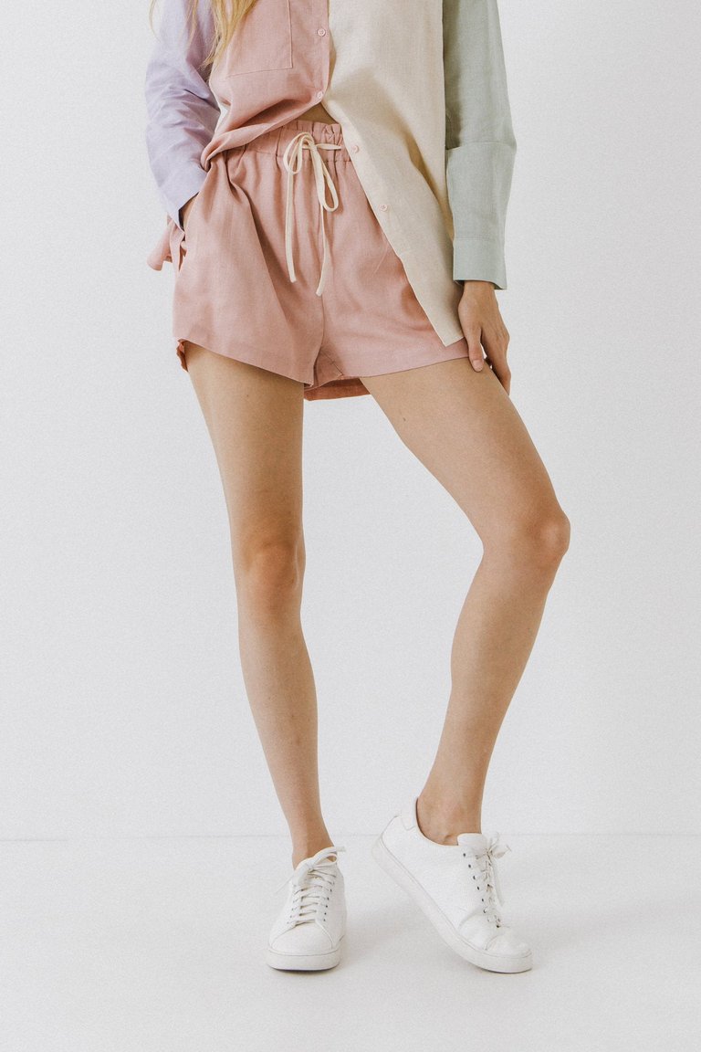 Linen Shorts with Contrast Strap - Pink