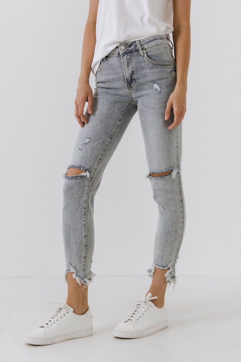 Mid Rise Distressed Ankle Skinny Jeans - Light Blue