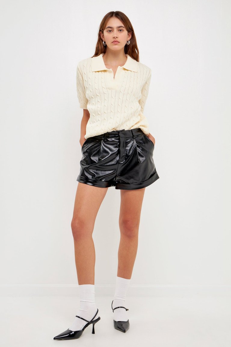 Mid-Waisted Faux Leather Shorts - Black