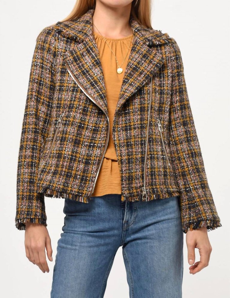 Jeyden Boucle Moto Jacket In Navy/mustard - Navy/mustard