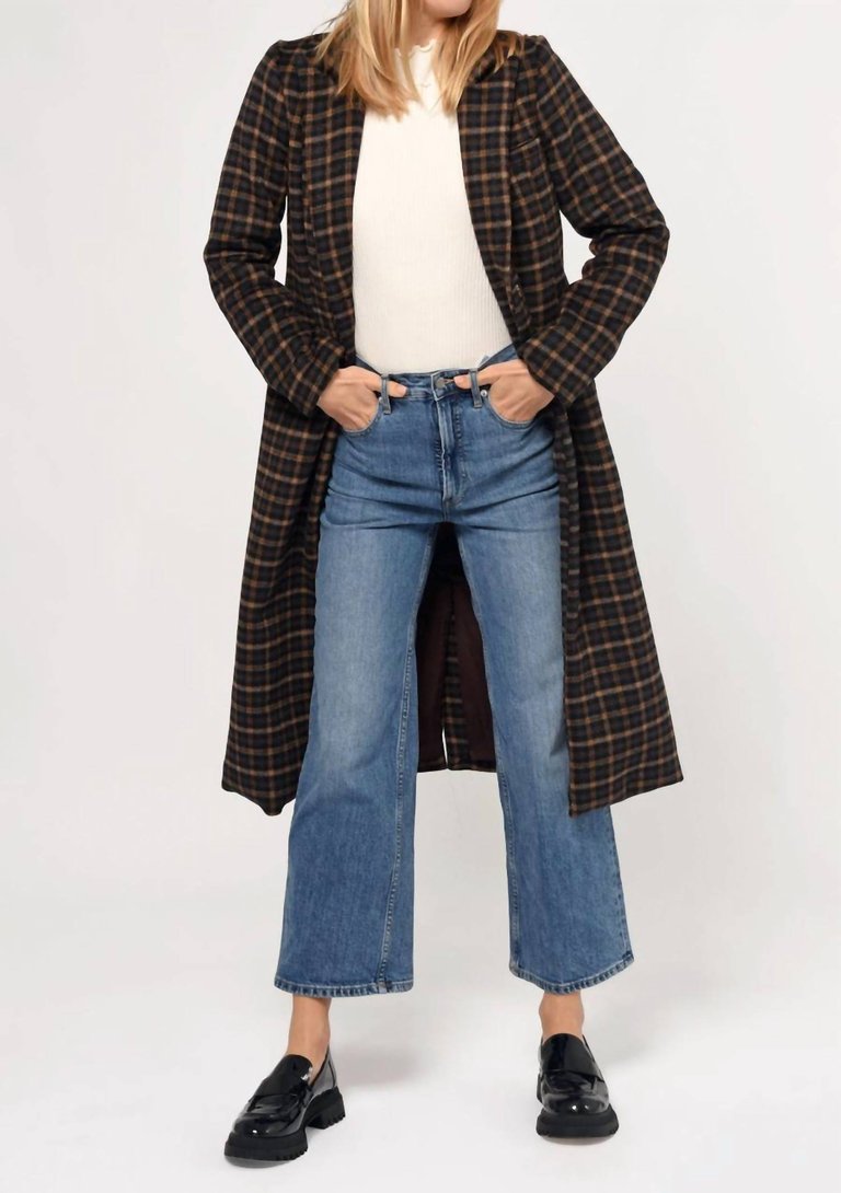 Ona Plaid Tailored Longline Coat In Black Camel - Black Camel