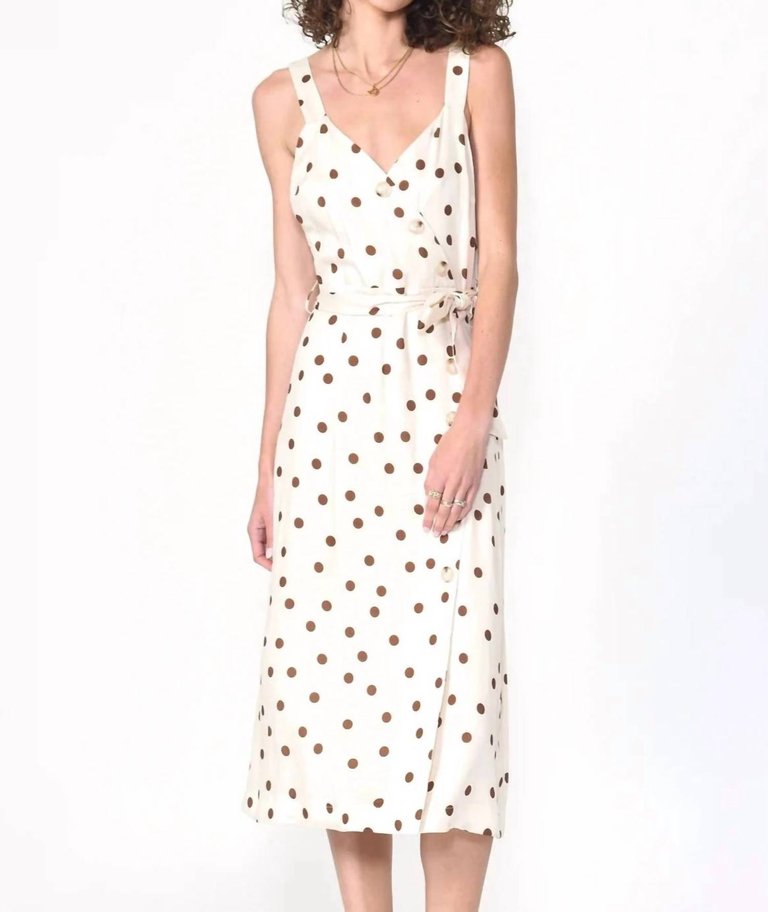 Rhea Polkadot Button Front Midi In Cream/brown - Cream/brown