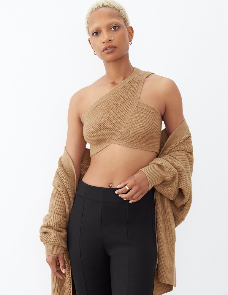 One Shoulder Knit Bralette Sweater - Warm Maple