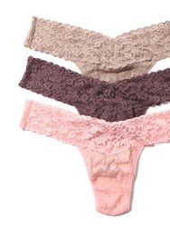 3 Pack Petite Size Signature Lace Thongs In Printed Box - Taupe Neutral, Dusk Grey, Rosewater Pink