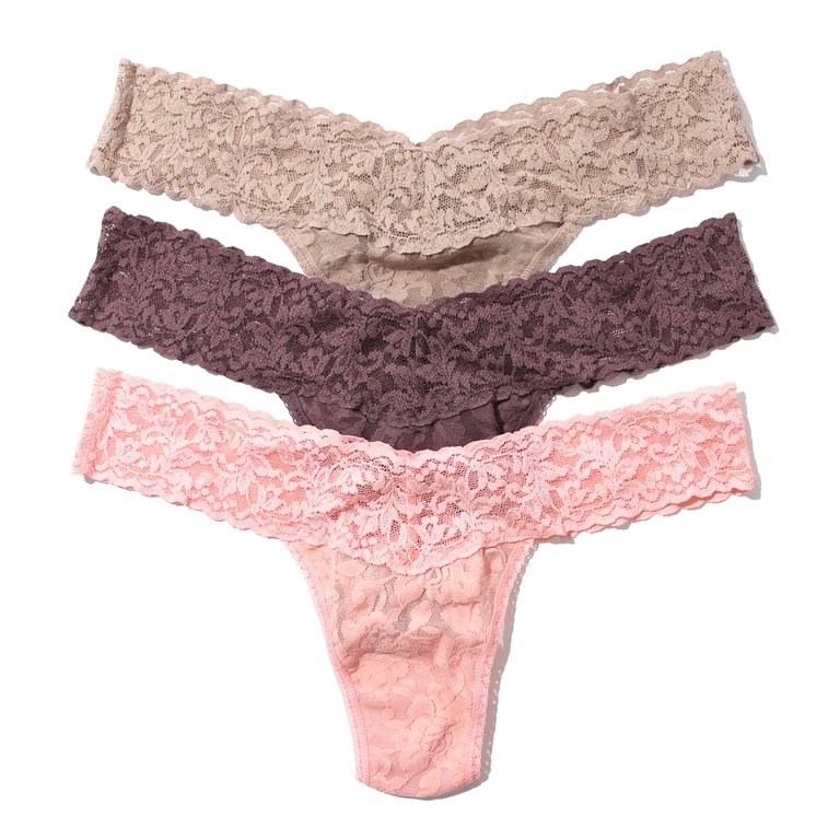 3 Pack Petite Size Signature Lace Thongs In Printed Box - Taupe Neutral, Dusk Grey, Rosewater Pink