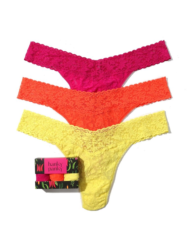 3 Pack Plus Size Signature Lace Original Rise Thongs In Printed Box Pink Ruby/Orange Sparkle/Lime Light - Pink Ruby/Orange Sparkle/Lime Light