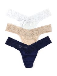 3 Pack Supima Cotton Low Rise Thongs With Lace - Chai/White/Navy