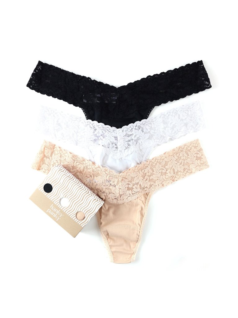 3 Pack Supima® Cotton Low Rise Thongs With Lace - Black White Chai