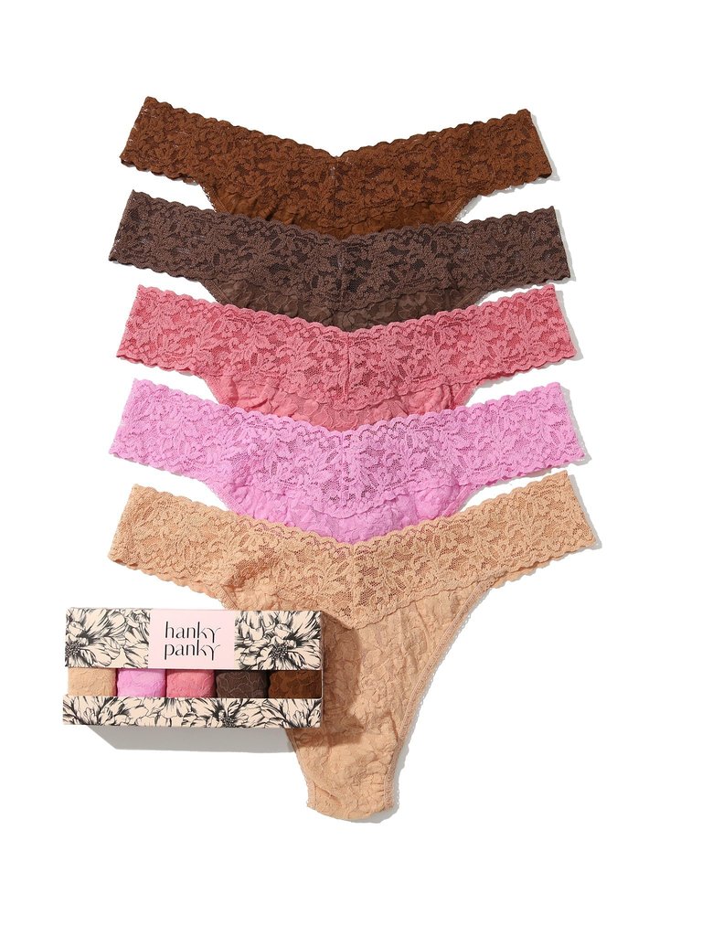 5 Pack Signature Lace Original Rise Thongs - Macchiato/Drifting Horizon/Pink Quartz/Cappuccino/Chocolate Noir