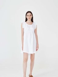Linen Mini Dress With Ruffles And Elastic On Upper Body - White