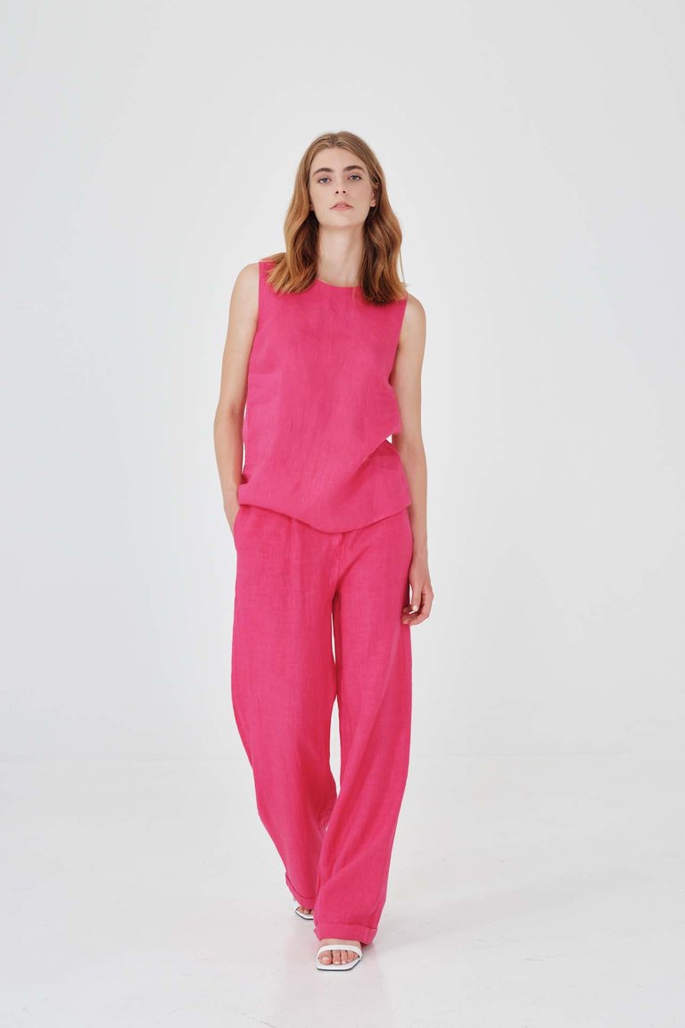 Linen Pants With Rolled Hems - Fuchsia