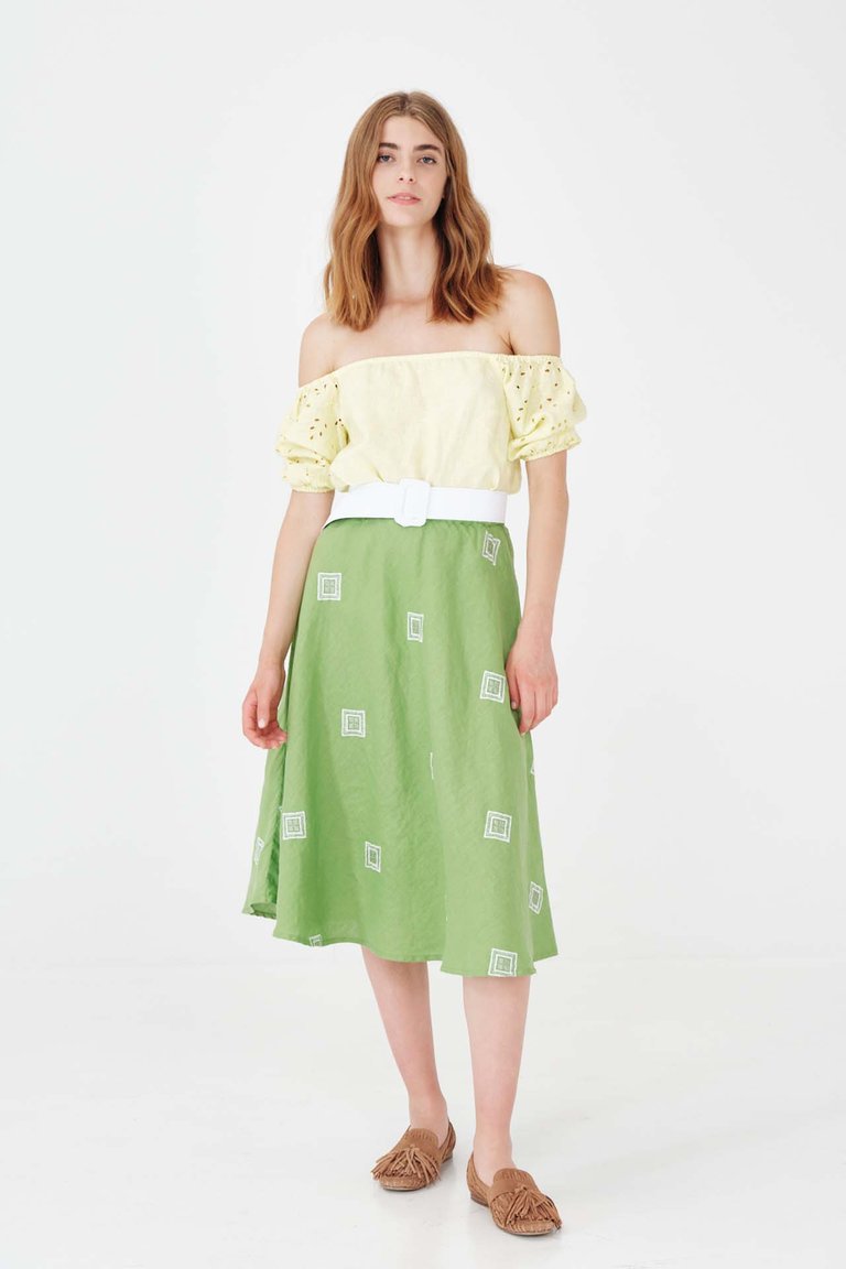 Off Shoulder Linen Blouse With Embroidered Puffy Sleeves - Lime