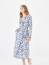 Printed Linen Romper Dress With Soft Linen Belt - Blue Rhombus