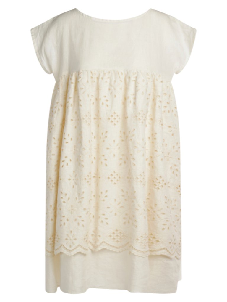 Short Sleeved Linen Mini Embroidered Dress - Ecru