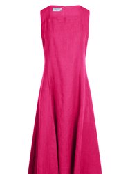 Square Neckline Flared Linen Midi Dress - Fuchsia