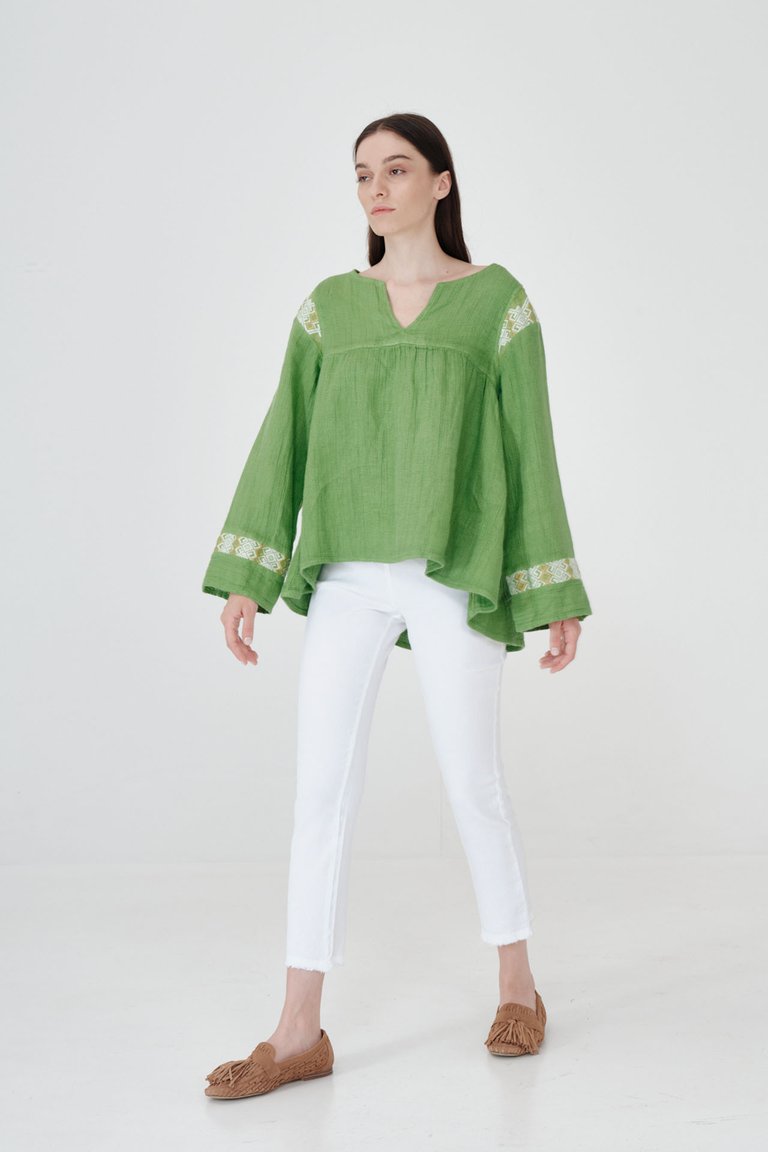 'V" Neck Linen Blouse With Bell Sleeves and Embroidered Panels - Avocado