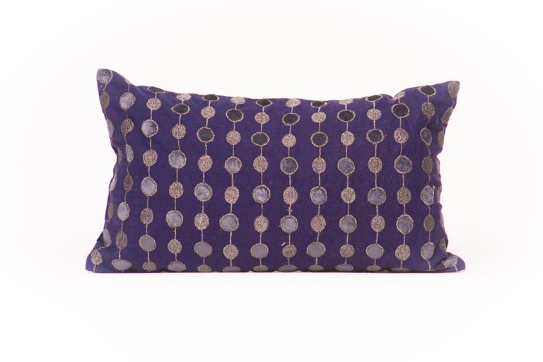 Beaded Embroidered Line And Circle Pattern Lumbar Throw Pillow - Blue And Silver
