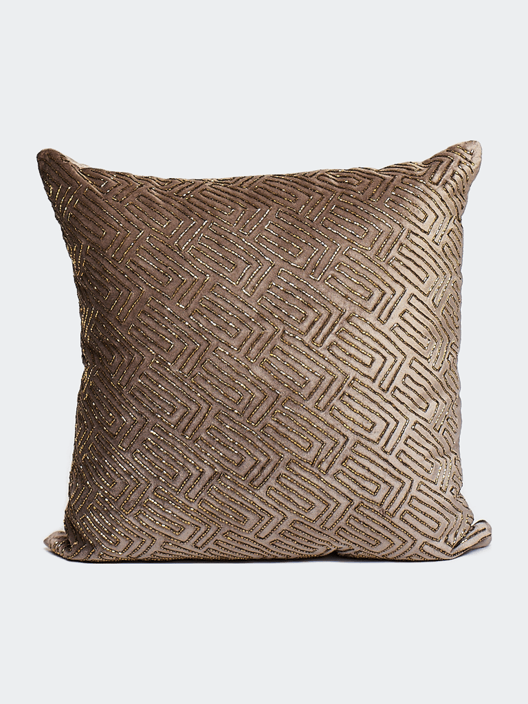 Labyrinth Heavily Embellished Design Velvet Throw Pillow - Taupe