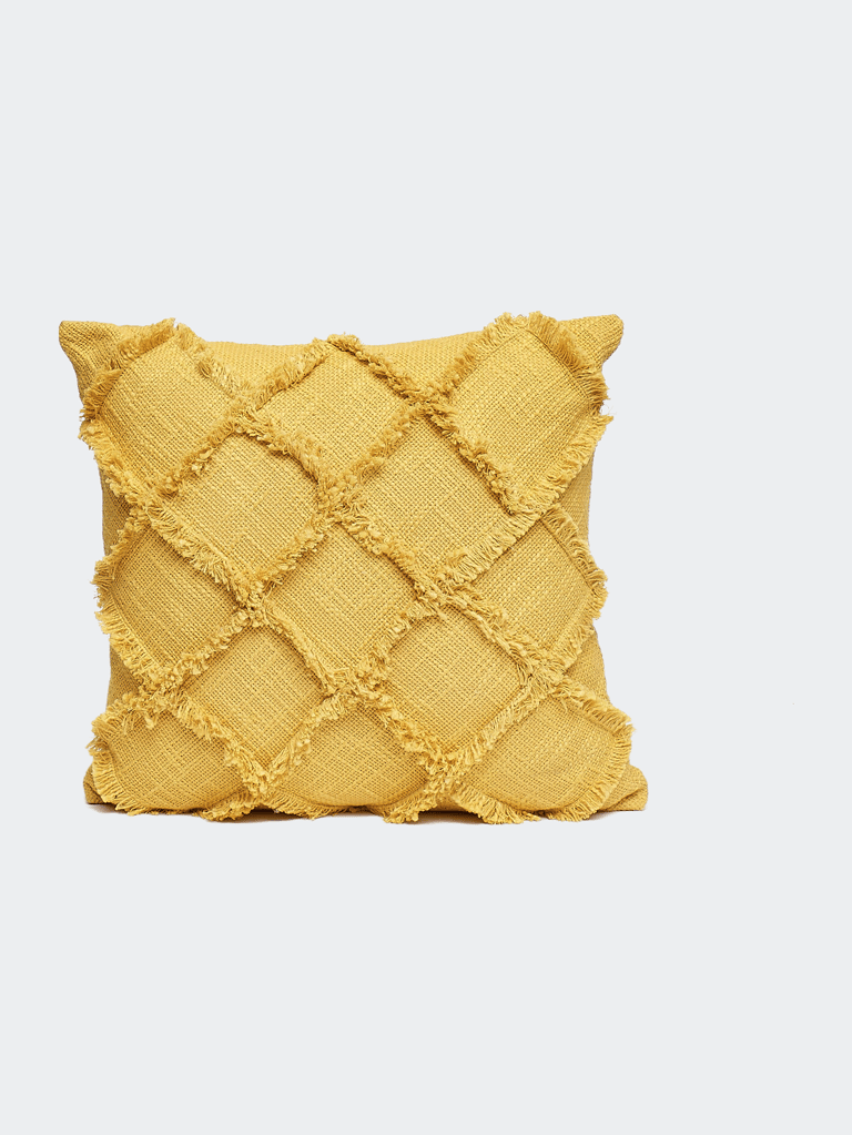 Square Patch Outline Fringe Throw Pillow - Mustard
