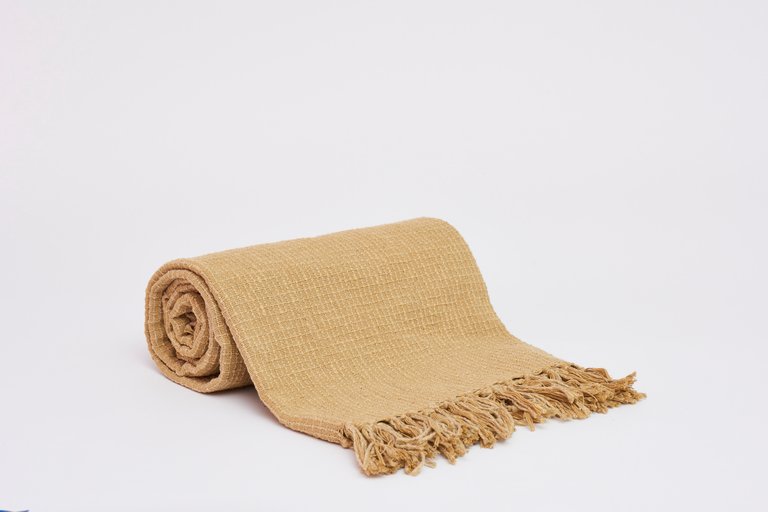 Square Stitch Pattern Throw With Fringe Ends - Mustard