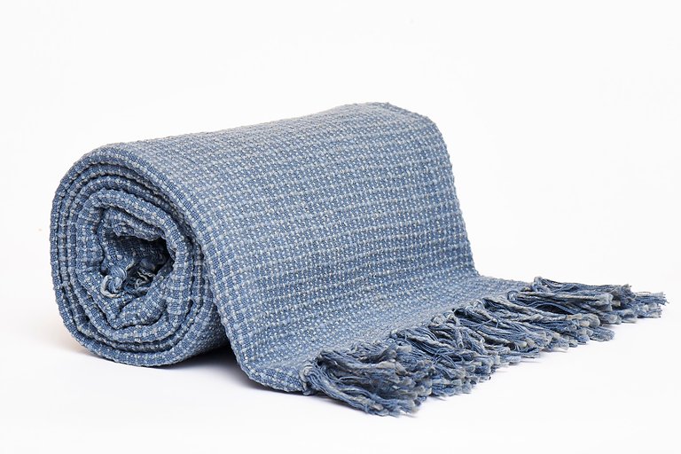 Square Stitch Pattern Throw With Fringe Ends - Midnight Blue