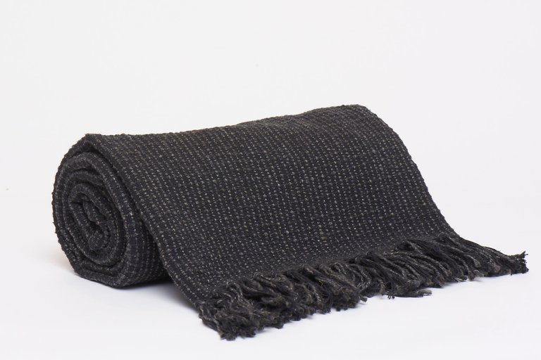 Square Stitch Pattern Throw With Fringe Ends - Black