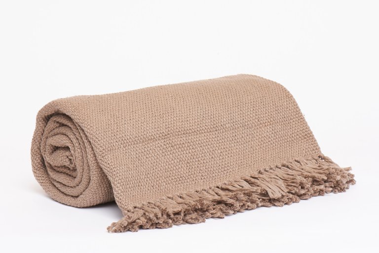 Thick Cotton Throw With Fringe Ends Blankets - Taupe
