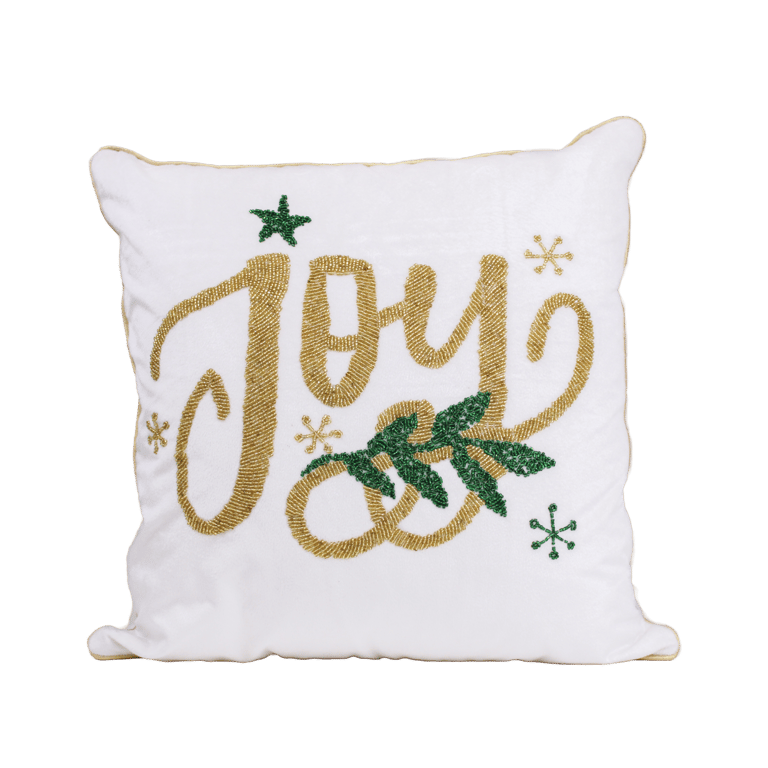 Velvet Hand Beaded Holiday Joy Pillow - White
