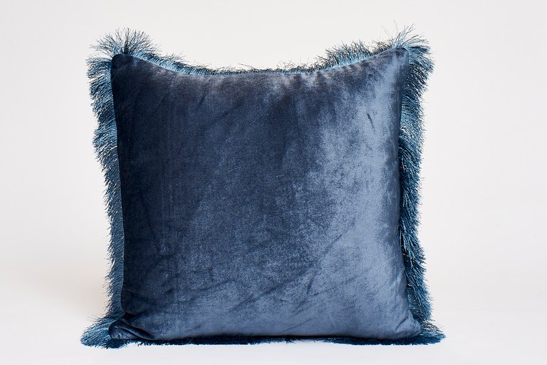 Velvet Throw Pillow With Fringe Border - Midnight Blue