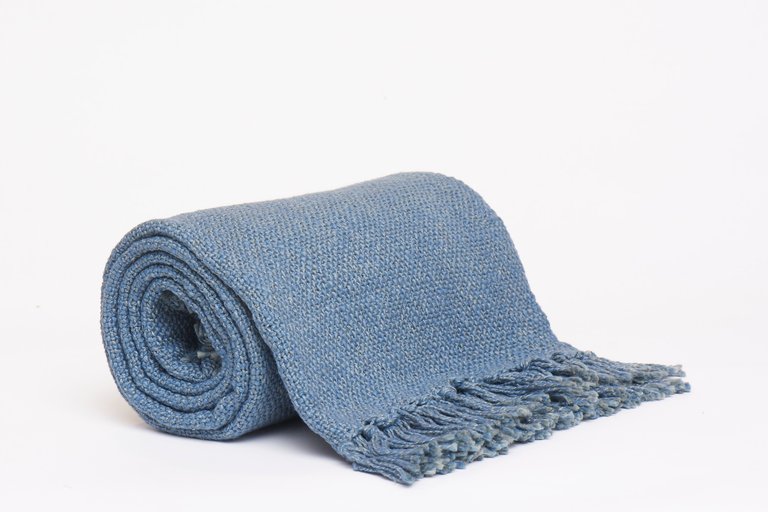 Waffle Pattern Throw With Fringe Ends - Midnight Blue