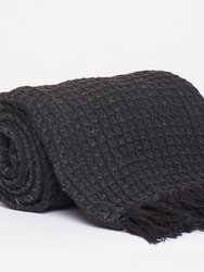 Waffle Pattern Throw With Fringe Ends - Black