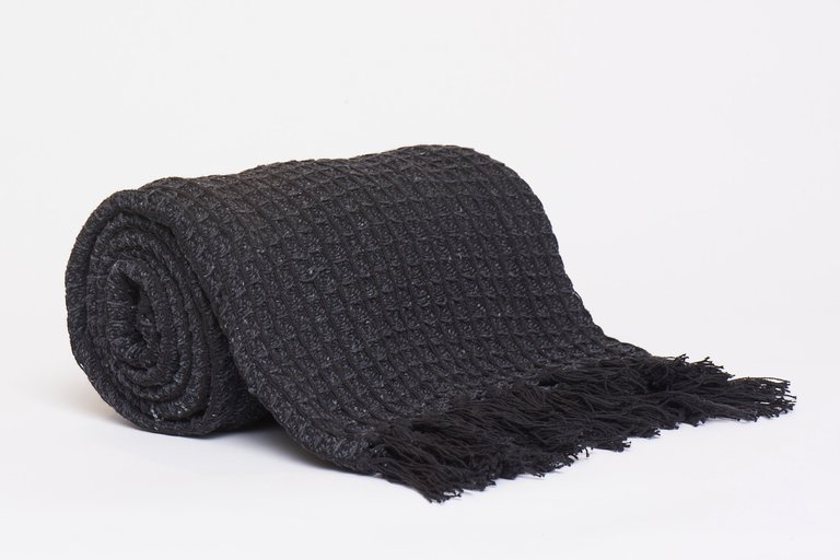 Waffle Pattern Throw With Fringe Ends - Black