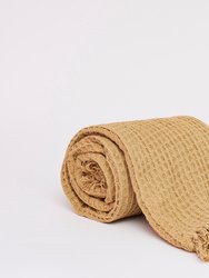 Waffle Pattern Throw With Fringe Ends - Mustard