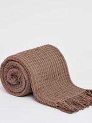 Waffle Pattern Throw With Fringe Ends - Taupe