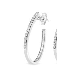 10K Gold Round And Baguette Cut Diamond Oblong Hinged Leverback Hoop Earrings