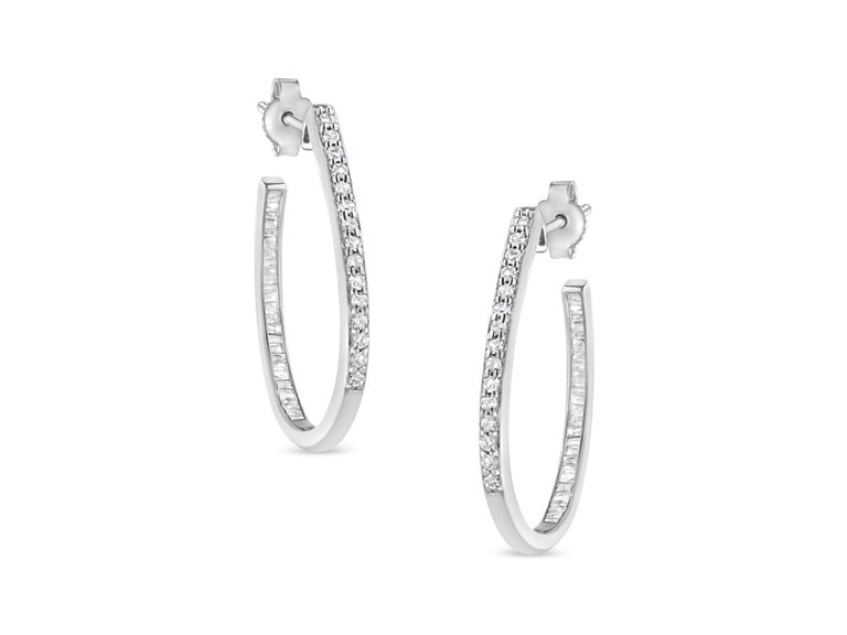 10K Gold Round And Baguette Cut Diamond Oblong Hinged Leverback Hoop Earrings - White