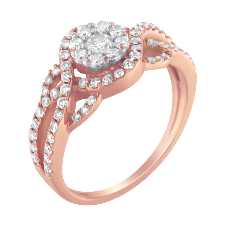 10K Rose Gold 3/4 Cttw Diamond Floral Cluster Head And Twisted Shank Cocktail Ring - H-I Color, SI1-SI2 Clarity - Size 6 - Rose Gold