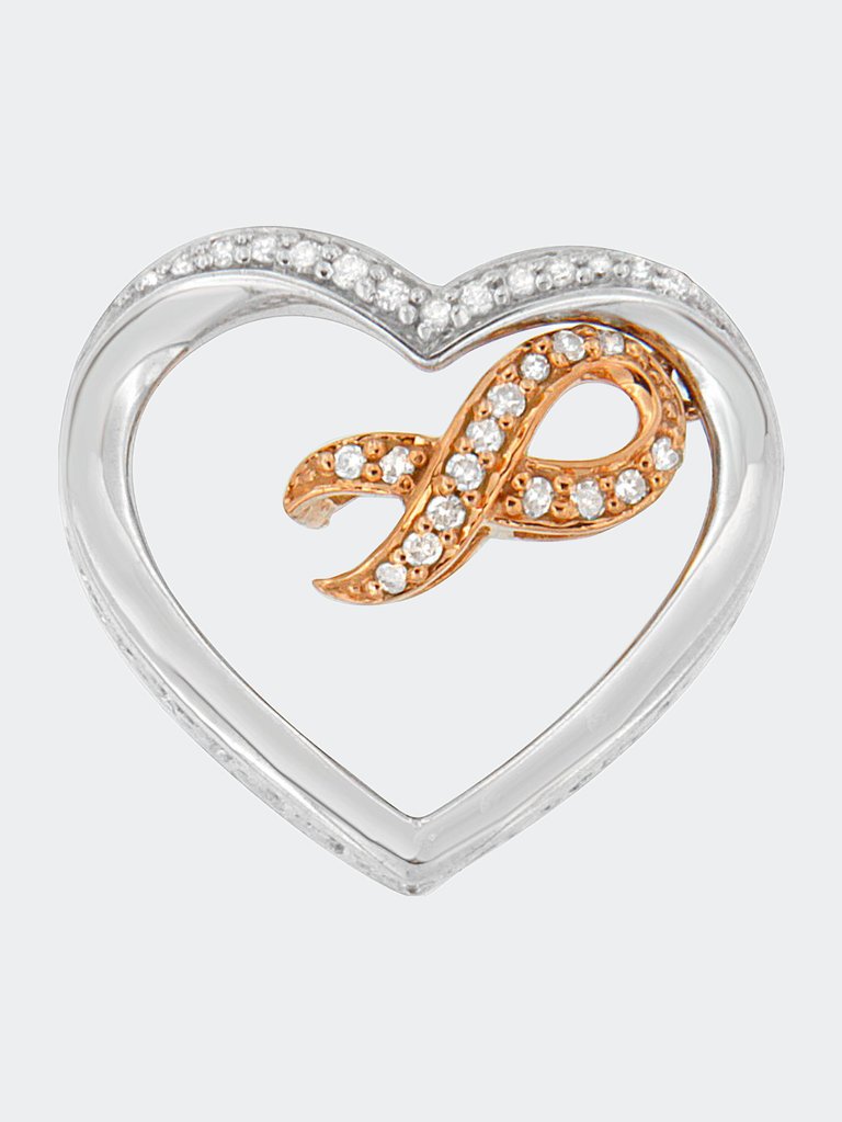 10K Rose Gold-Plated .925 Sterling Silver Heart-Shaped 1/6 cttw Round Diamond Heart And Ribbon Pendant Necklace - Two-Toned