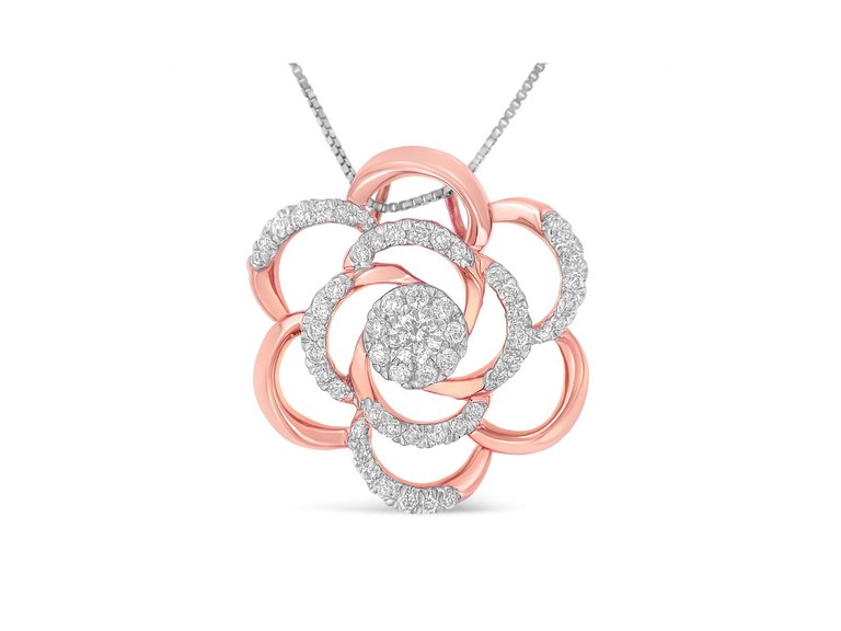 10K Rose Gold Plated Flower Accent Pendant Necklace with 1/2 cttw Round Cut Diamond - Rose Gold