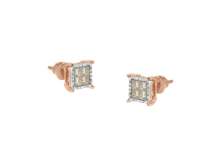 10K Two-Toned Princess-Cut Composite Diamond Stud Earrings - White/Rose