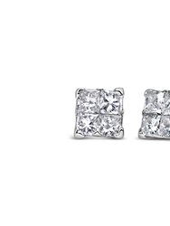 10K White Gold 1/2 cttw Princess-cut Diamond 4 Stone Composite Quad Stud Earring - White