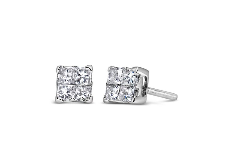 10K White Gold 1/2 cttw Princess-cut Diamond 4 Stone Composite Quad Stud Earring - White