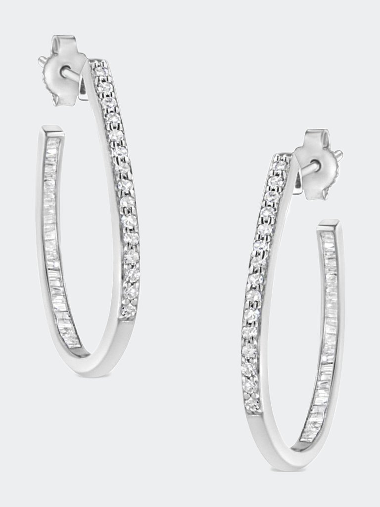 10K White Gold 1.0 Cttw Round and Baguette-Cut Diamond Hoop Earrings - White