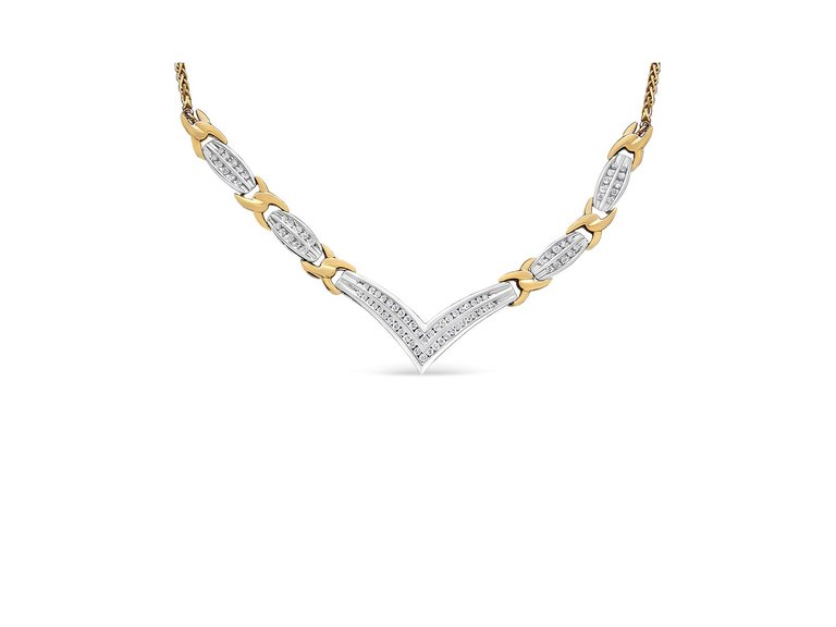 10K Yellow And White Gold 1.0 Cttw Round And Princess Cut Diamond "V" Shape Statement Necklace