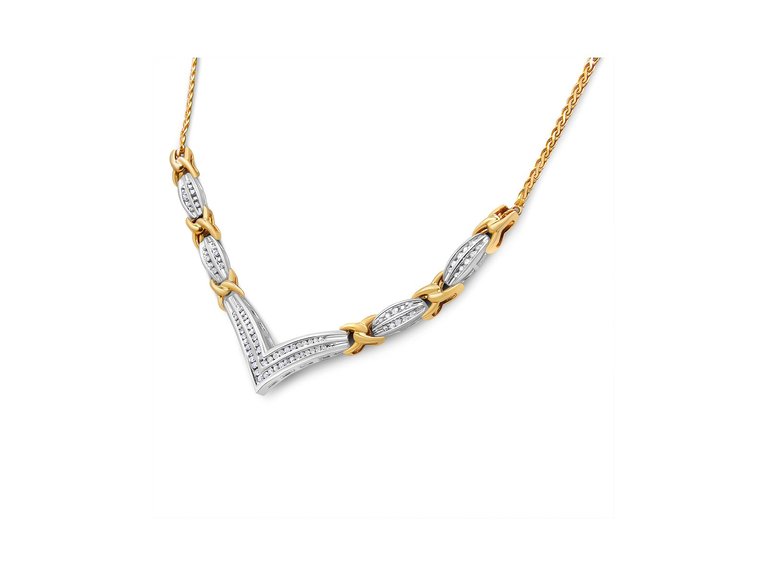 10K Yellow And White Gold 1.0 Cttw Round And Princess Cut Diamond "V" Shape Statement Necklace - White/Yellow