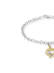 10K Yellow Gold 1/10 Cttw Diamond Awareness Ribbon & Heart Charm on 7" .925 Sterling Silver Rolo Bracelet